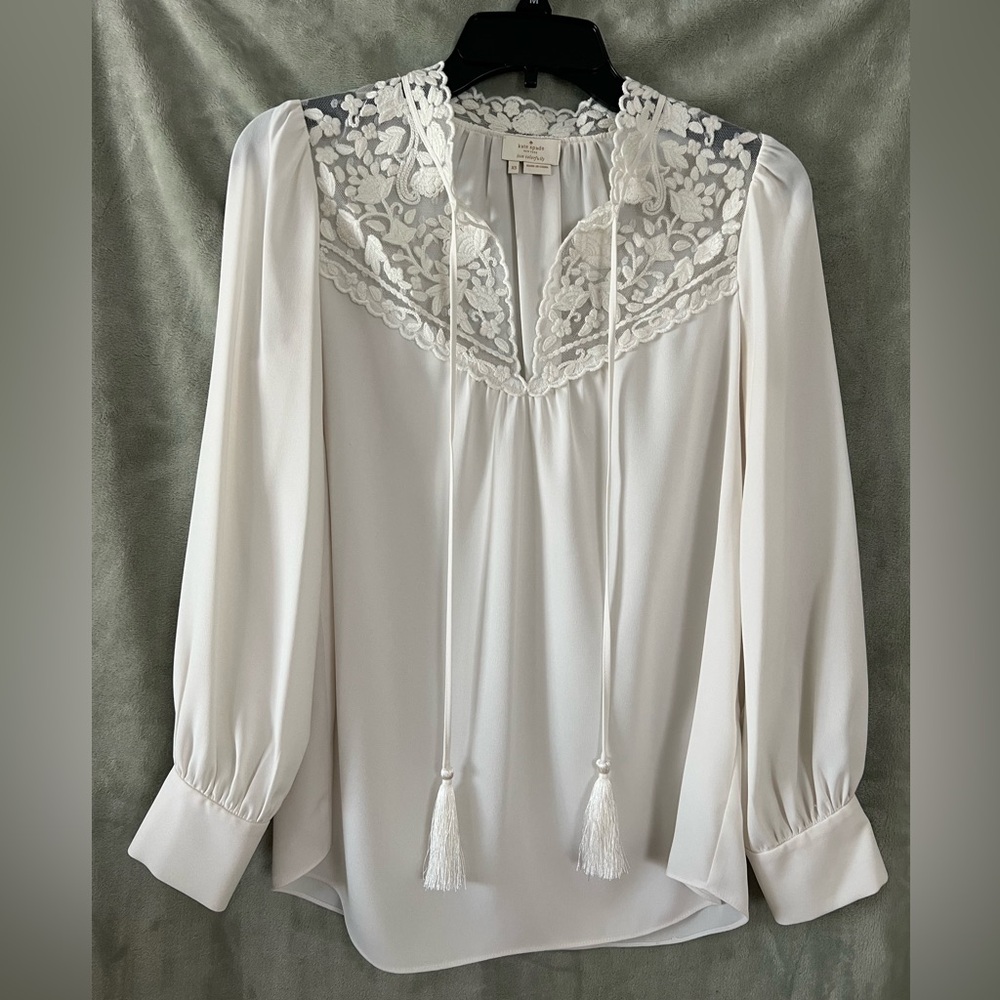 Kate Spade white lace blouse with tassels 🤍